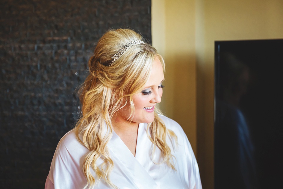 Bloomington Illinois Summer Wedding Photography, bride getting ready with makeup and dress for wedding