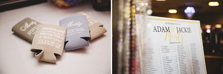 Bloomington Illinois Summer Wedding Photography, central Illinois wedding reception details coozies