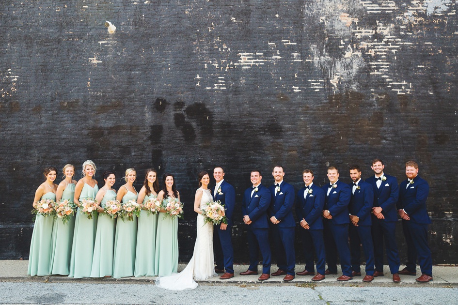 rustic Illinois summer wedding, Bridal party navy suits and mint green dresses on wedding day by Rachael Schirano Photography