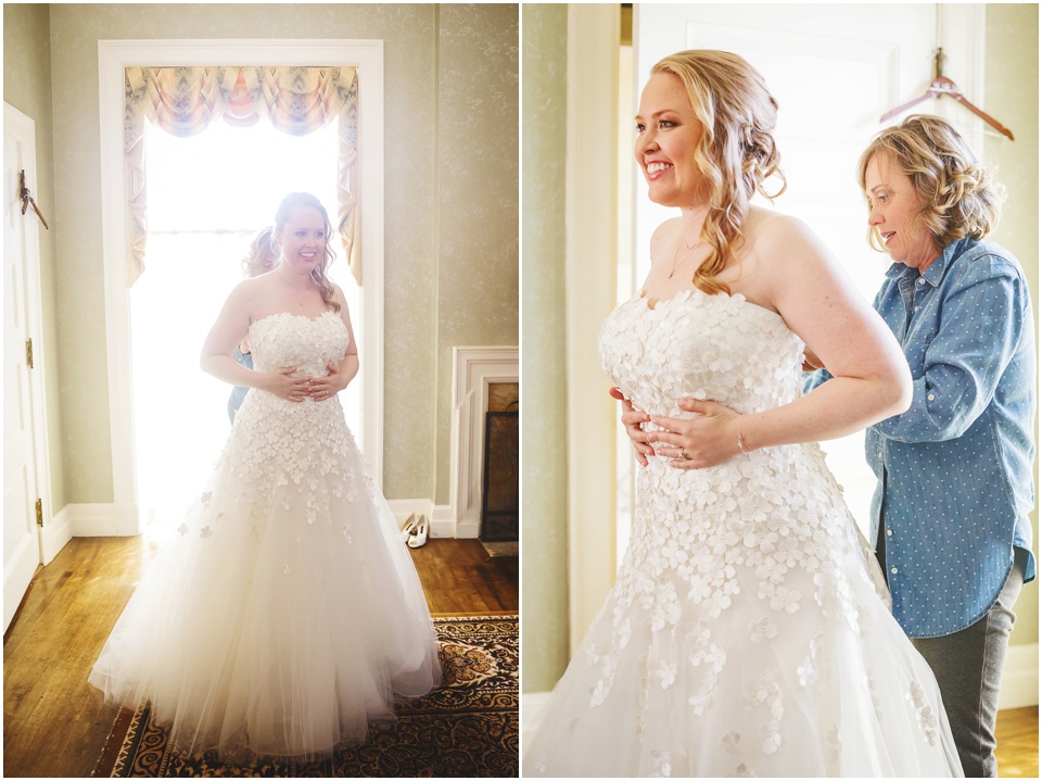 Bride gets into dress in Allerton Park bridal suite.