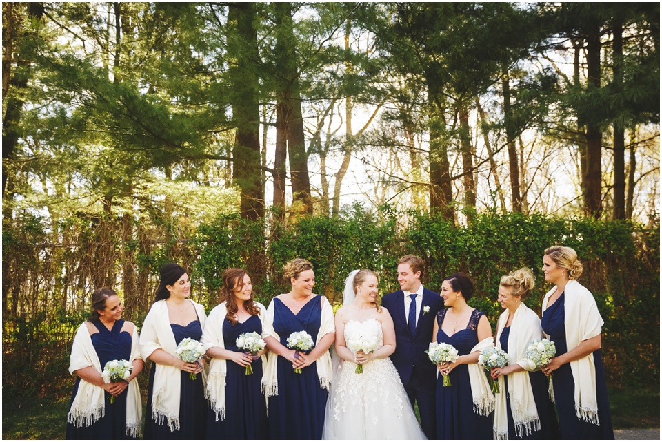 Bridal party with navy blue bridesmaid dresses at Allerton Park Wedding.
