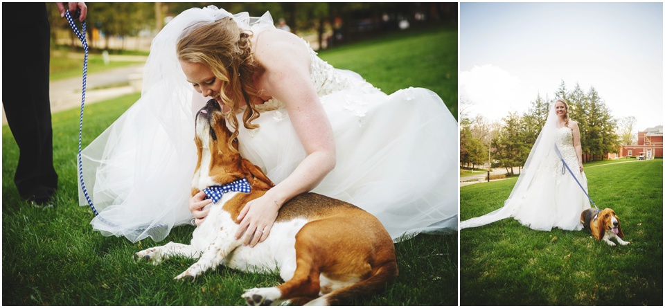 Bride and her dog on wedding day at Allerton Park Mansion.