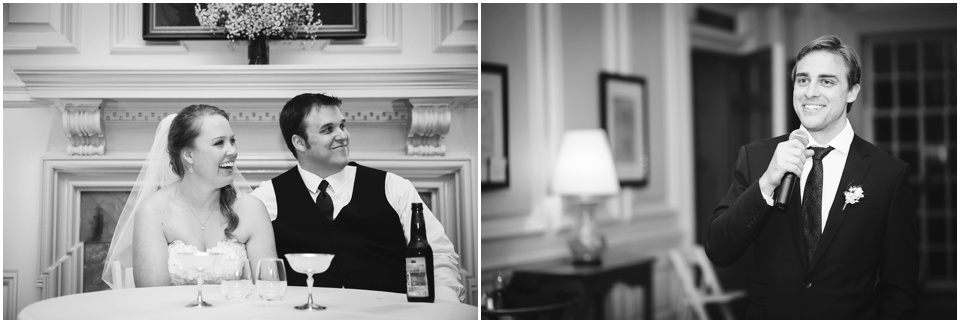 Bride and groom laughing during a toast at Allerton Park Mansion Wedding.