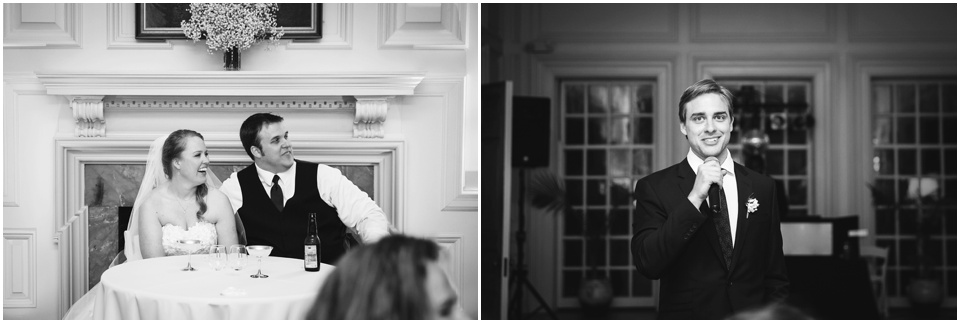 Bride and groom laughing during a toast at Allerton Park Mansion Wedding.