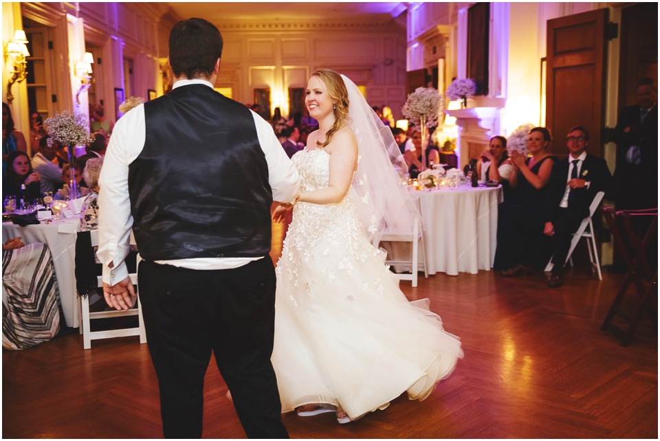 Bride and Groom first dance at Bride and groom laughing during a toast at Allerton Park Mansion Wedding.