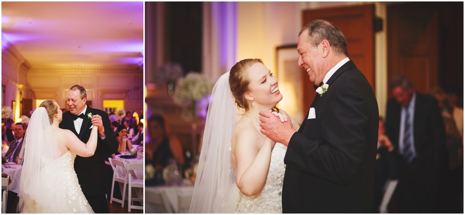 Father daughter dance during Bride and Groom first dance at Bride and groom laughing during a toast at Allerton Park Mansion Wedding Reception.