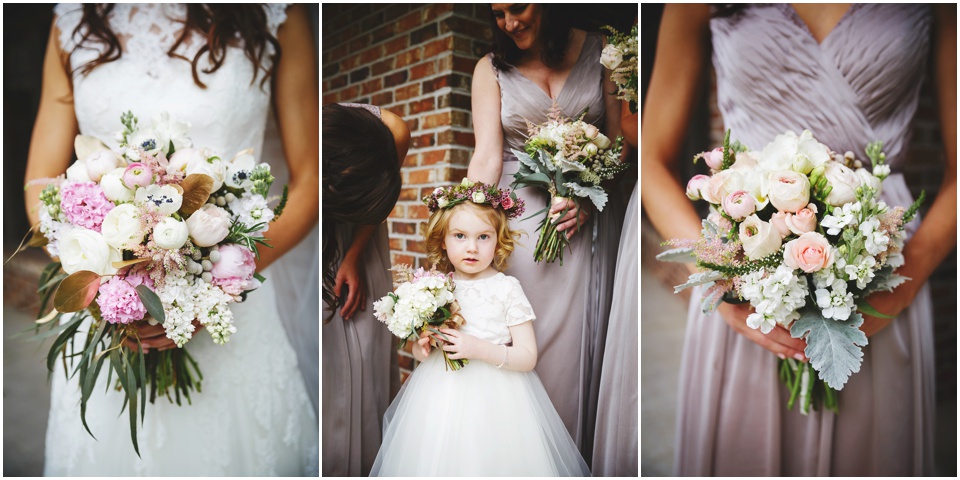 Bridesmaid's and bride's pink and white bouquets.