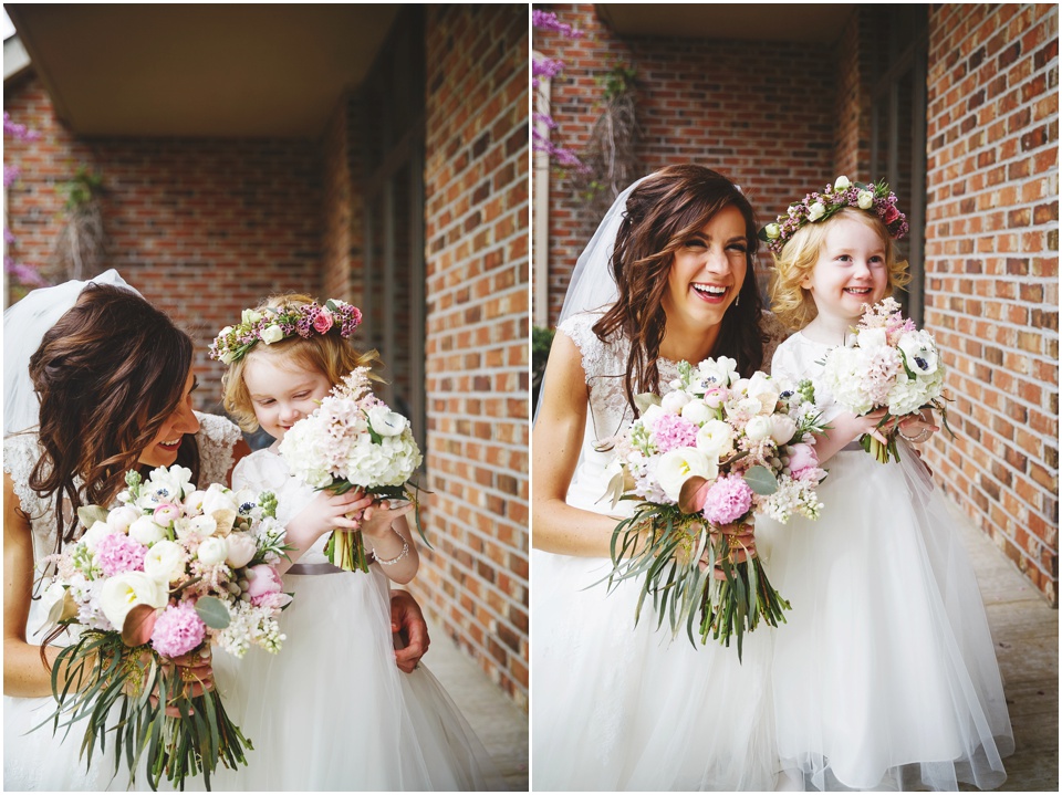 Bride and flower girl with flower crown.