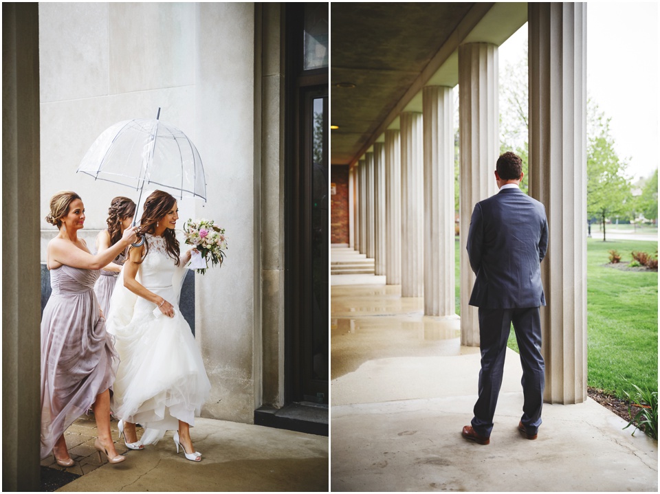 cathedral wedding photography, Rainy day first look with bride and groom.