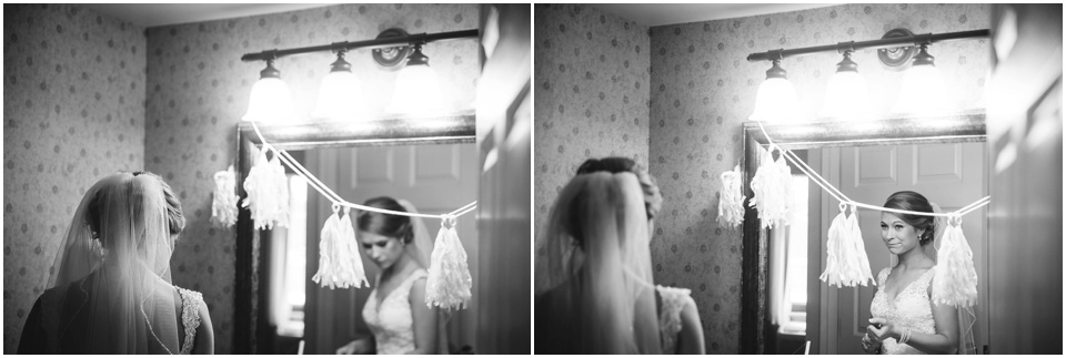 Bride looks in the mirror for the first time on wedding day by Central Illinois Wedding Photographer Rachael Schirano