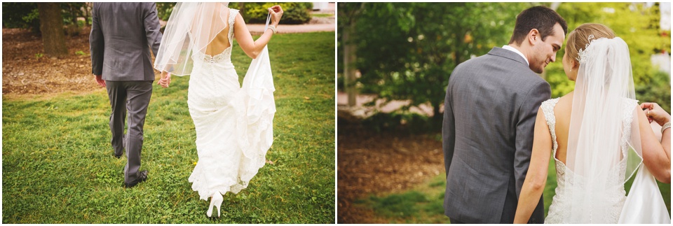 Bride and groom walking at Kickapoo Creek Winery by Wedding Photographer Rachael Schirano