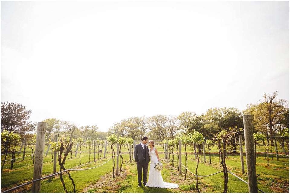 Bride and groom in the vineyard at winery Kickapoo Creek Winery Wedding Portraits by Wedding Photographer Rachael Schirano