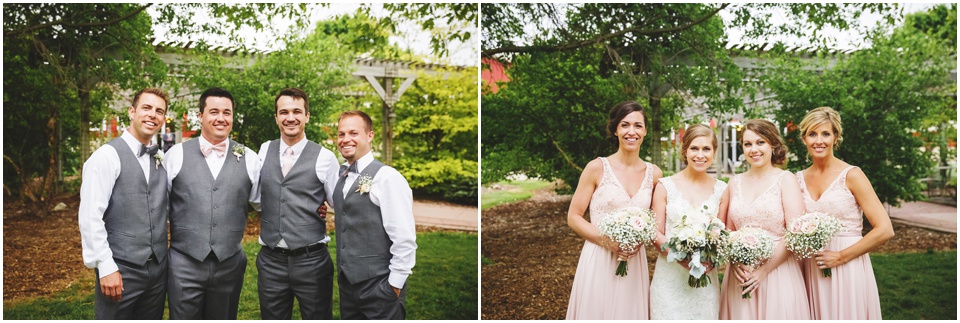 Grey groomsmen suits and pink bridesmaid dresses Kickapoo Creek Winery Pavillion Wedding Ceremony by Wedding Photographer Rachael Schirano