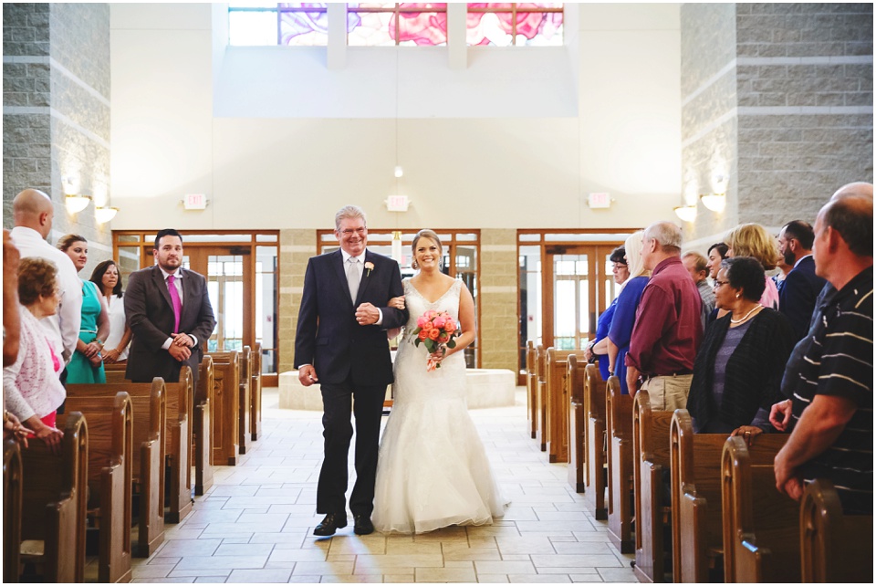 Father walks bride down the aisle at Central Illinois church wedding.