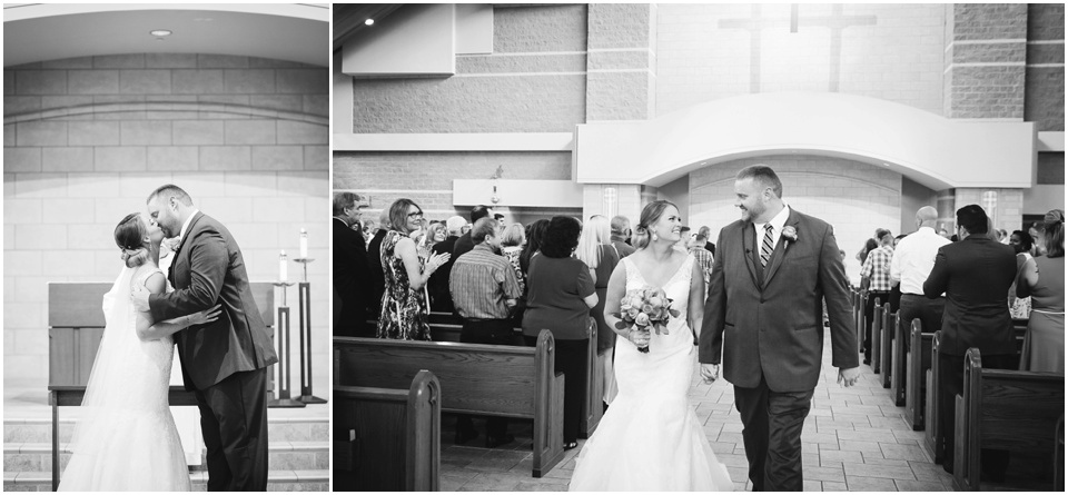First kiss and processional at Central Illinois church wedding.