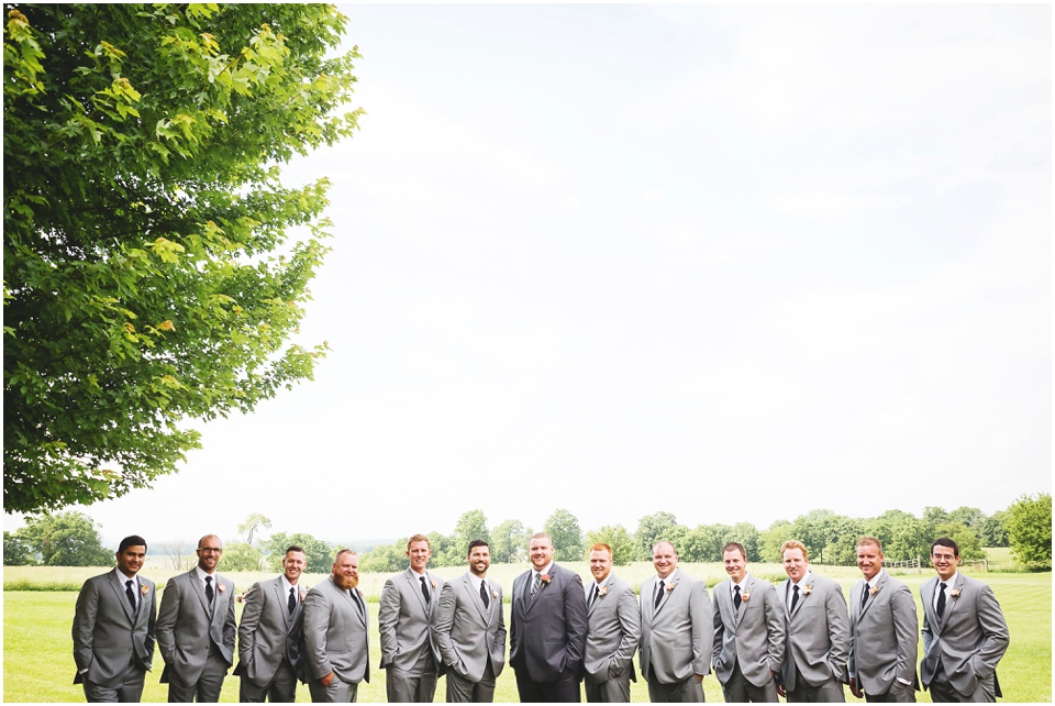 summer country club wedding photography, Grey groomsmen suits at Central Illinois Farm Wedding.