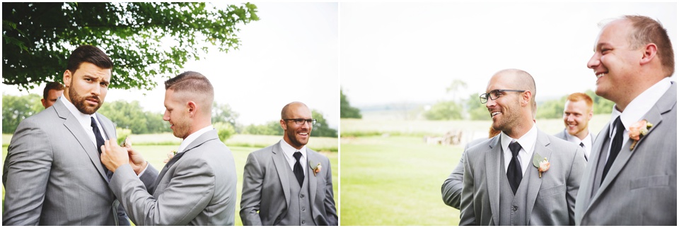 summer country club wedding photography, Grey groomsmen suits at Central Illinois Farm Wedding.