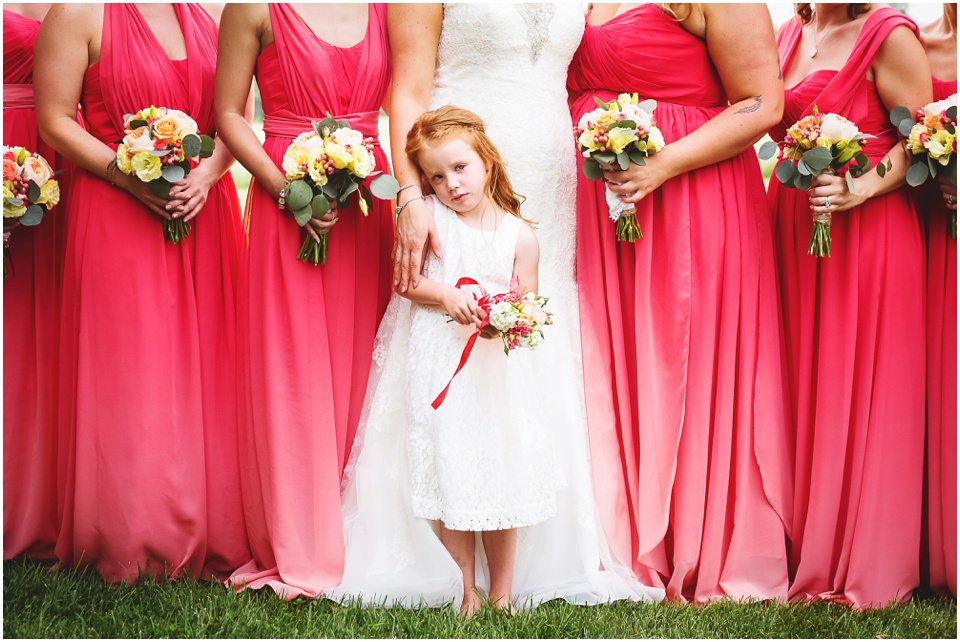summer country club wedding photography, Hot Pink bridesmaid dresses and flower girl at Grey groomsmen suits at Central Illinois Farm Wedding.
