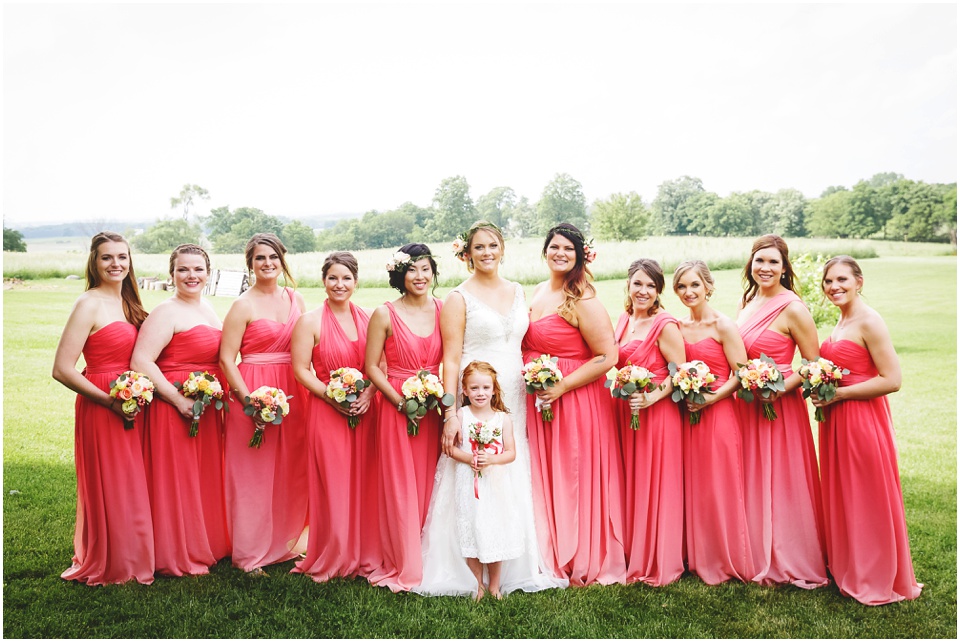 summer country club wedding photography, Hot Pink bridesmaid dresses and flower girl at Central Illinois Farm Wedding.