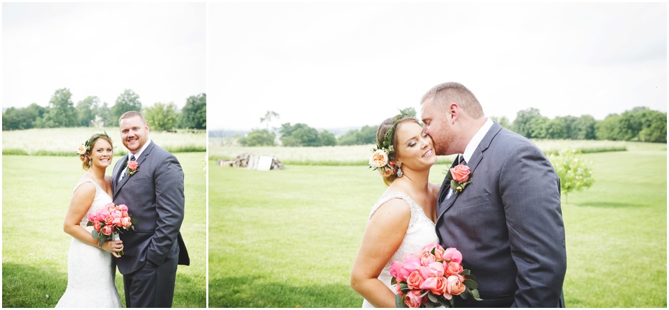 summer country club wedding photography, Pink peony bouquet and flower crown and grey groom suit