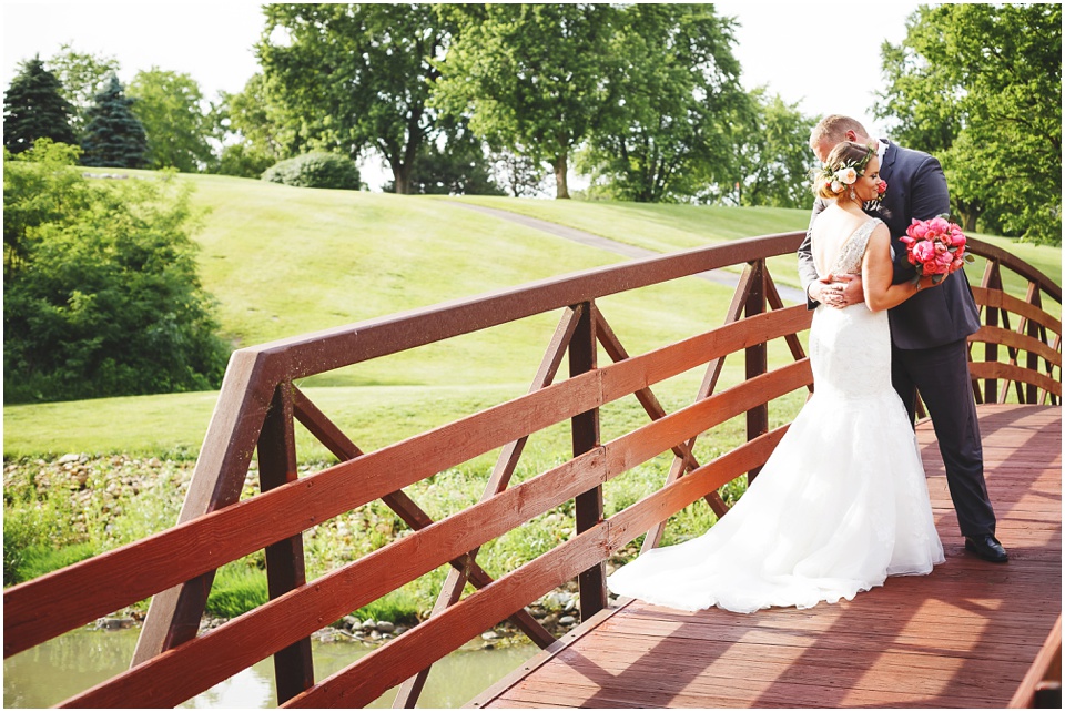 summer country club wedding photography, Bride and groom portraits on a bridge at Central Illinois Farm Wedding.