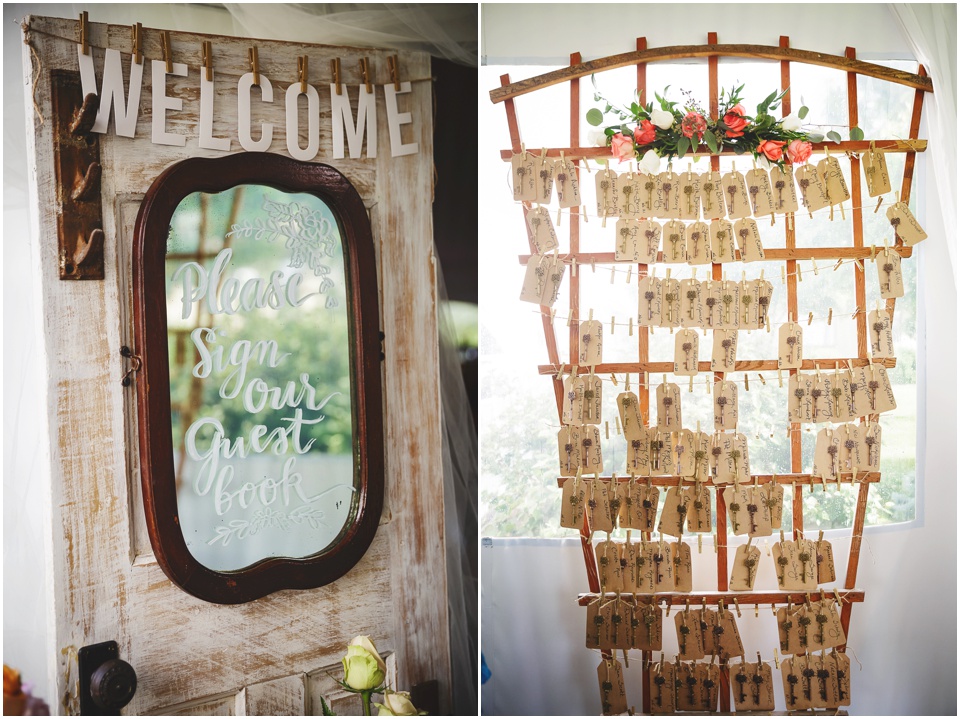 Rustic farm wedding welcome sign and name tag details with pink peony