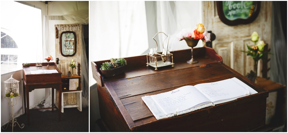 Rustic farm wedding wedding details with old wooden desk