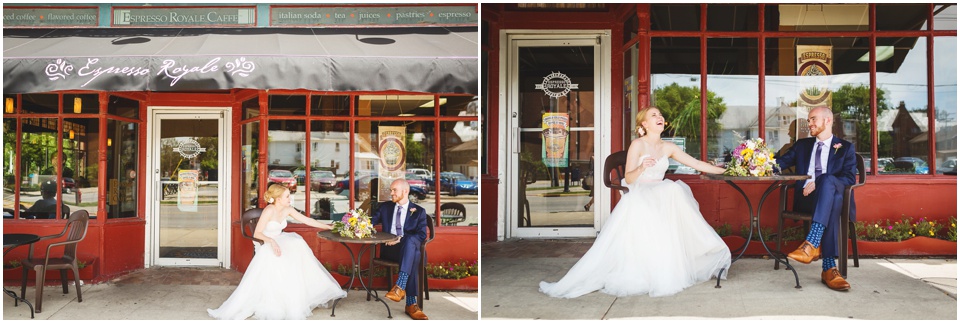 Bride and groom portraits at Espresso Royale Caffe in Central Illinois