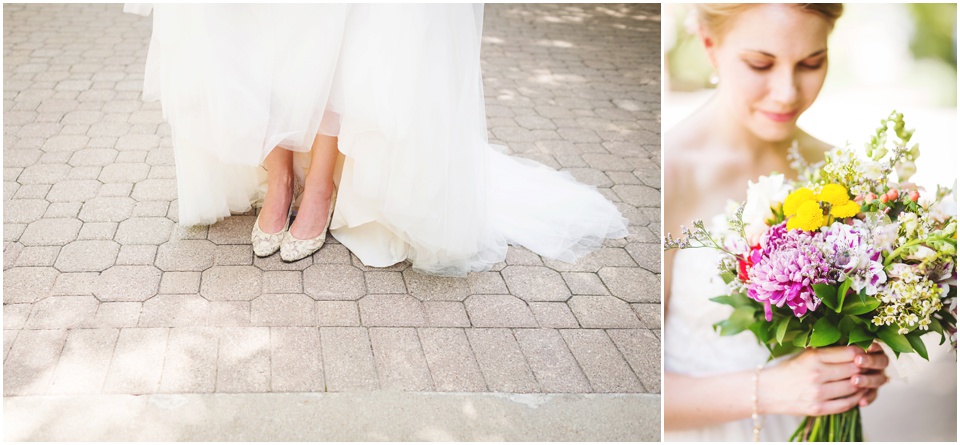  University of Illinois wedding photography, Bridal details with pink belted wedding dress and wildflower bouquet