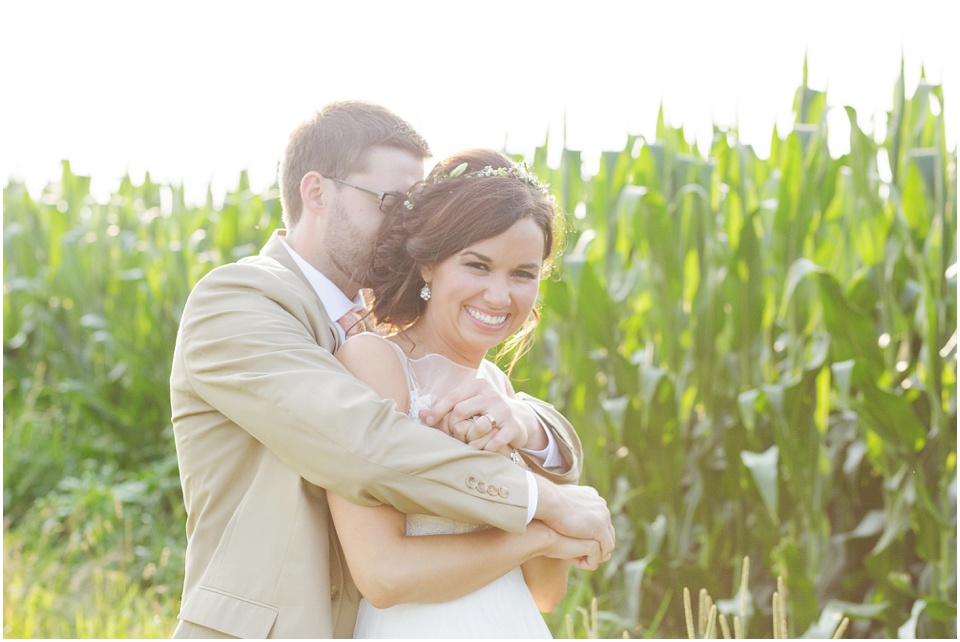 pear tree estates wedding photography, Bride and groom portraits in a cornfield.