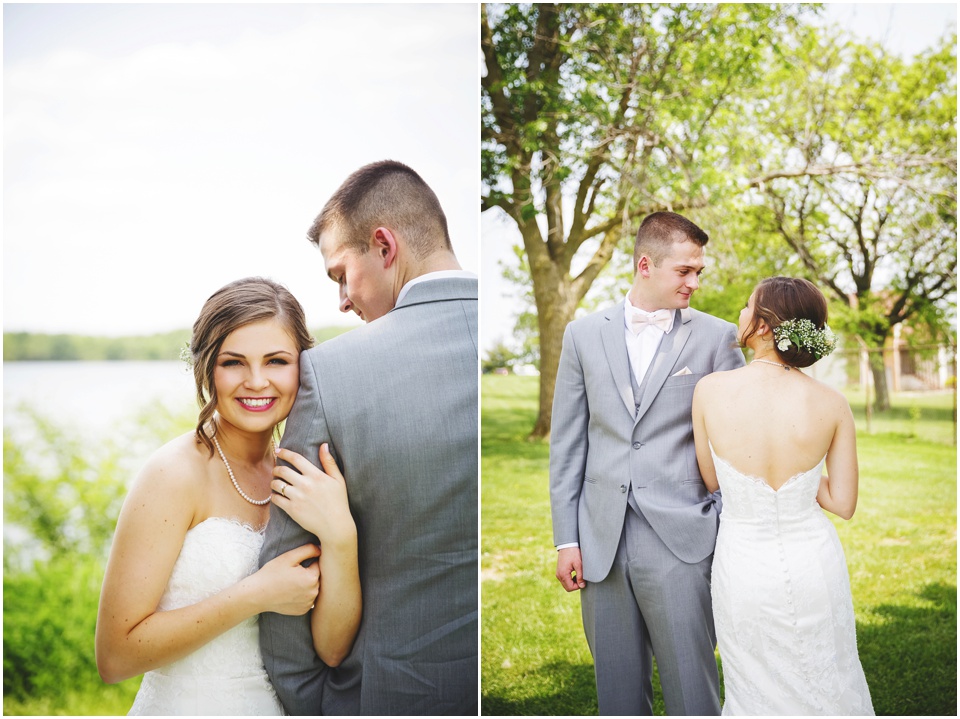 outdoor Illinois wedding photographer, Bride and groom portraits by the lake at Comlara Park in Hudson, IL.