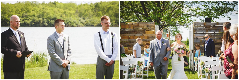 outdoor Illinois wedding photographer, Father walks bride down the aisle at Comlara Park in Hudson, IL.
