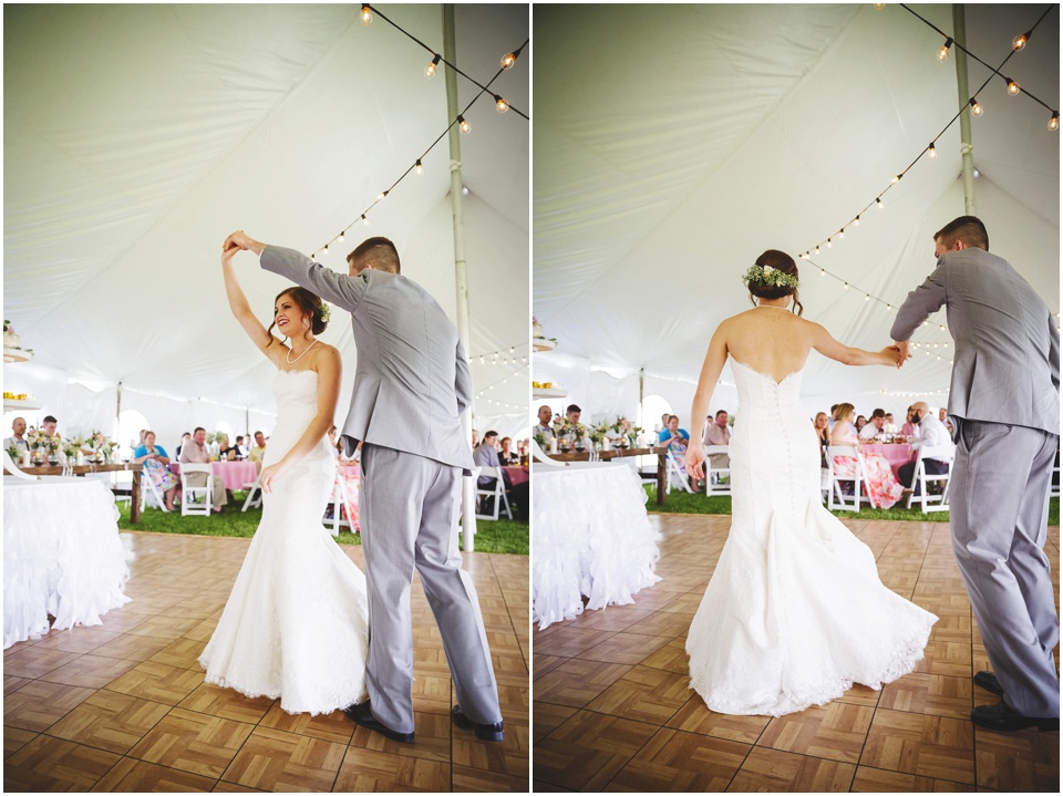 outdoor Illinois wedding photographer, Bride and Groom first dance at Comlara Park in Hudson, IL.