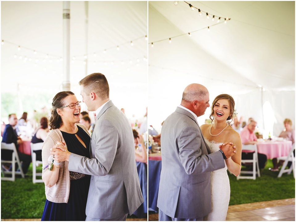 outdoor Illinois wedding photographer, Mother son and father daughter dance at Comlara Park Wedding in Hudson, IL.
