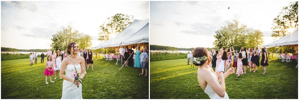 outdoor Illinois wedding photographer, Bouquet Toss at Comlara Park Wedding Reception in Hudson, IL.