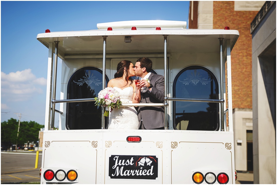 joliet union station wedding, Bride and Groom just married sign on trolley in Central Illinois