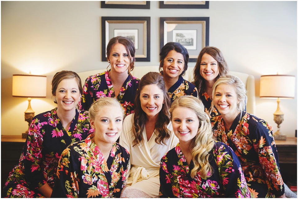 Bride and bridesmaids in floral robes by Chicago Wedding Photographer Rachael Schirano