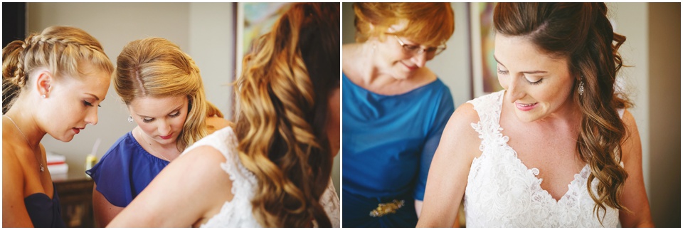 mom helping bride into wedding dress by Chicago Wedding Photographer Rachael Schirano