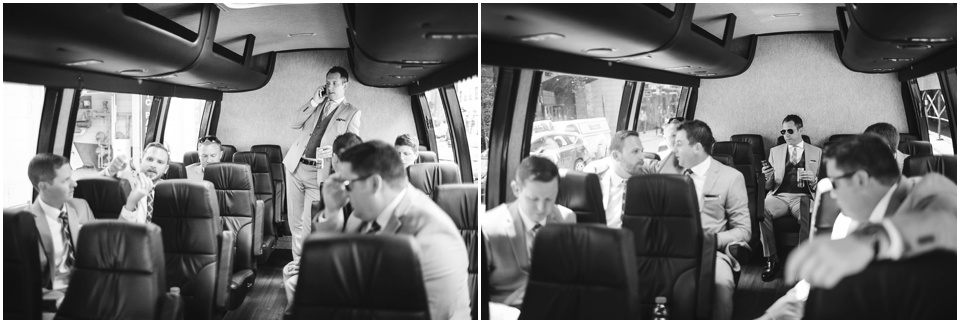 groom and groomsmen on wedding bus by Chicago Wedding Photographer Rachael Schirano