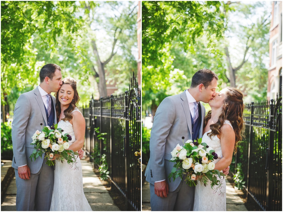 Bride and groom portraits on Chicago city street by Chicago Wedding Photographer Rachael Schirano