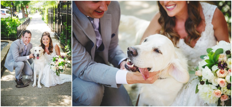 bride and groom with dog on wedding day by Chicago Wedding Photographer Rachael Schirano