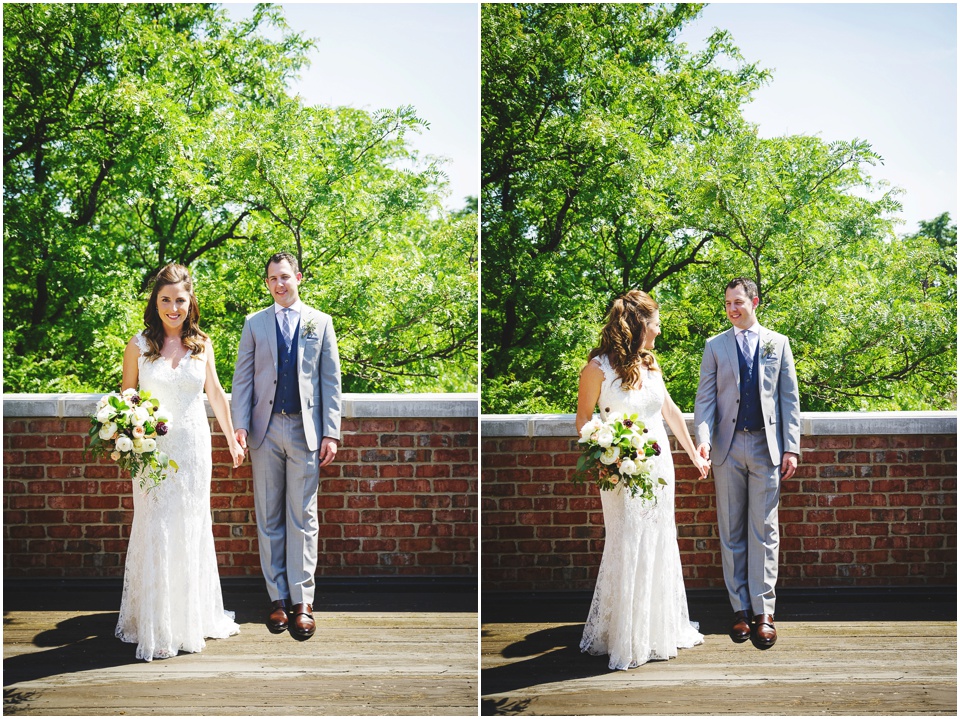 modern Chicago city wedding photography, bride and groom walking in front of a brick wall by Chicago Wedding Photographer Rachael Schirano