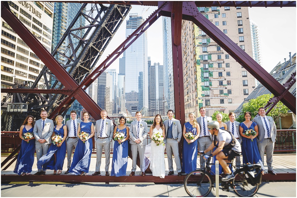 modern Chicago city wedding photography, Modern Chicago Bridal Party on city bridge by Chicago Wedding Photographer Rachael Schirano