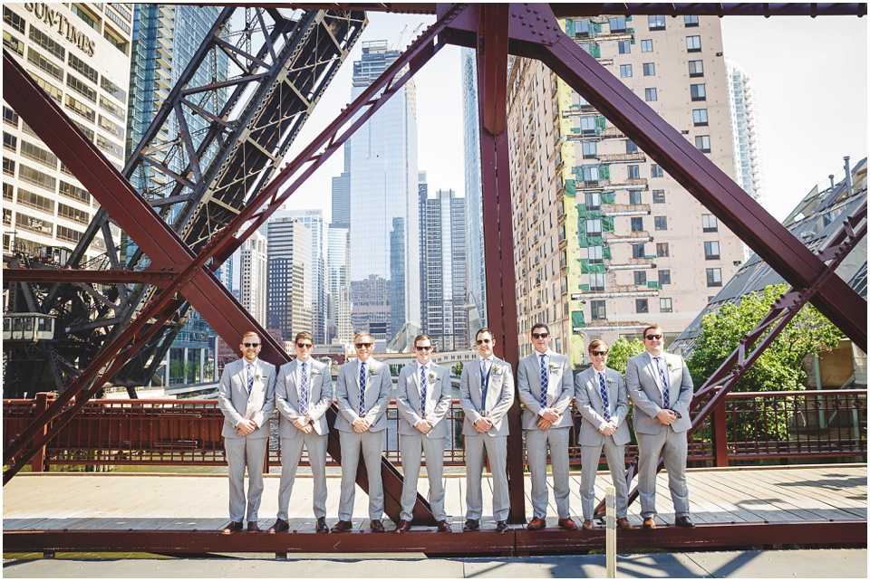 modern Chicago city wedding photography, Modern Chicago Bridal Party on city bridge by Chicago Wedding Photographer Rachael Schirano