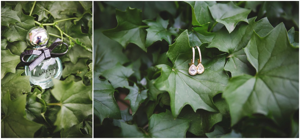 outdoor wedding photography, Kate Spade wedding perfume and diamond earrings.