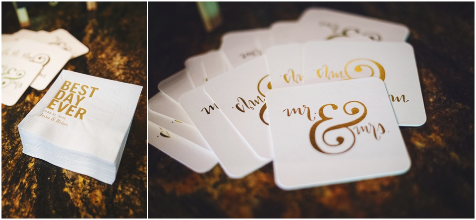 outdoor wedding photography, White and gold wedding coasters and napkins by Bloomington Illinois Wedding Photographer Rachael Schirano