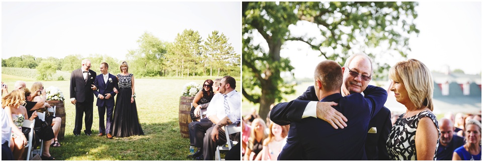 outdoor wedding photography, Groom walks down aisle with parents at country wedding by Bloomington Illinois Wedding Photographer Rachael Schirano