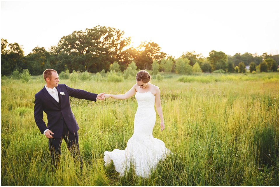 outdoor wedding photography, Bride and groom dancing sunset photos by Bloomington Illinois Wedding Photographer Rachael Schirano