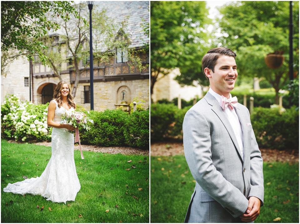 garden wedding photos, Bride and groom first look at Central Illinois wedding.