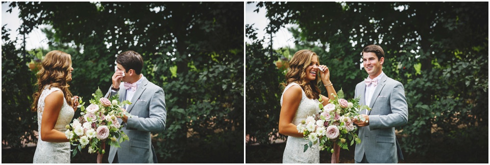 garden wedding photos, Bride and groom crying at first look at Central Illinois wedding.